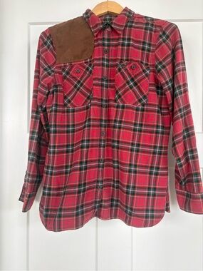 Eddie Bauer Red Plaid Flannel Faux Leather Shoulder Patch Button Up Shirt S: L